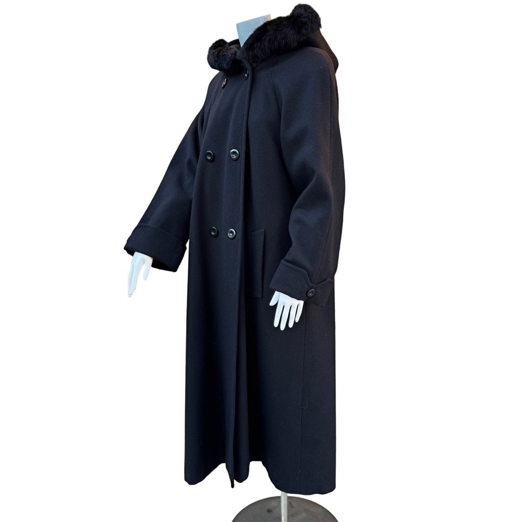 Vintage Donnybrook Woman's Black Wool Coat Fur Trim Hood Size 12 Lined
